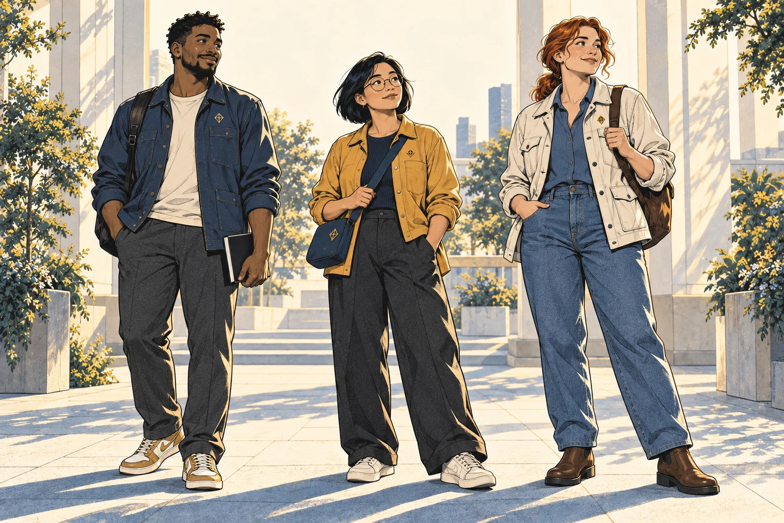 The three Kitewise characters in everyday clothes, ready for their next step.