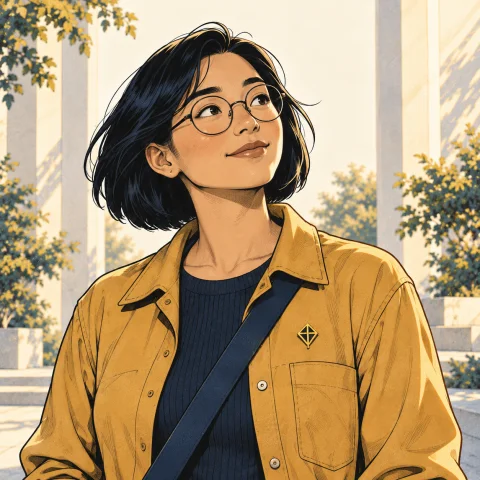 Mei Tan, wearing round glasses and a mustard overshirt and a gold kite pin.