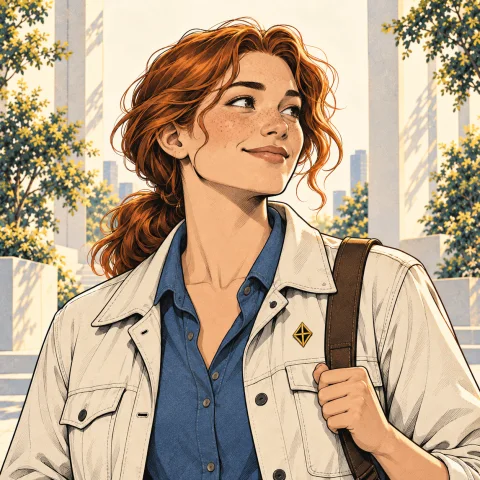 Rowan Ellis, wearing a cream jacket, with copper hair tied back and a gold kite pin.